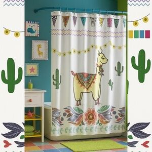 Brand New! Llama Boho White Fabric Shower Curtain. 71x74in. Extra Long.